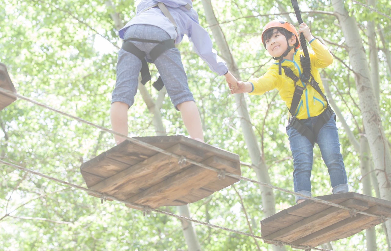 Happy children playing in tree top adventure park